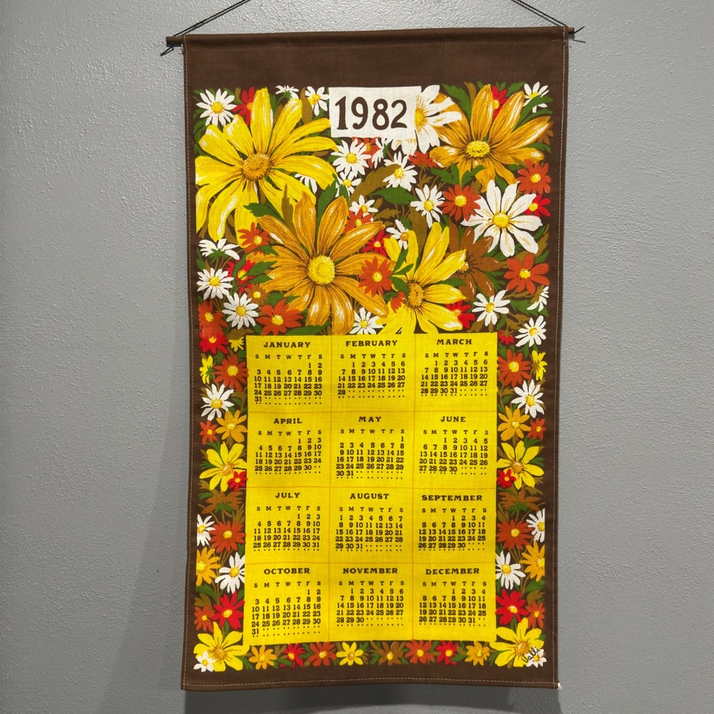 Vintage 1982 Floral Calendar Tea Towel Wall Hanging Farmhouse Kitchen Decor Gift